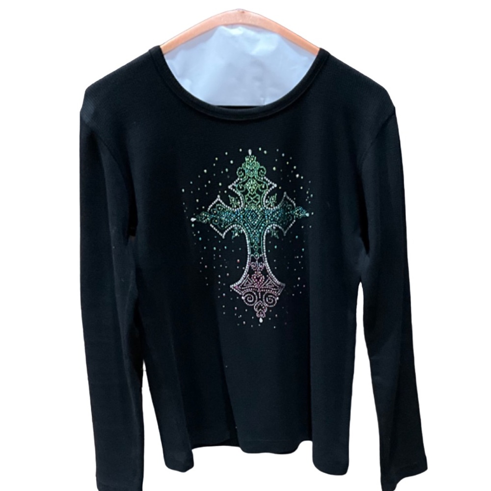 Bay Beauty Black Long Sleeve Top, Embellished Cross sz M (marked 2XL in error)